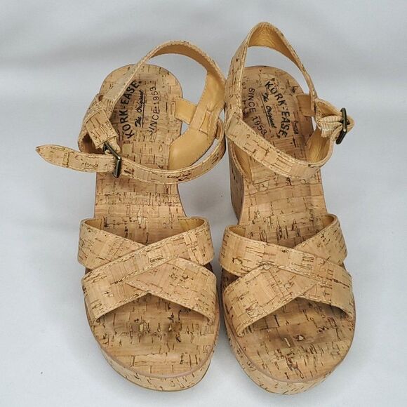 Kork Ease Ava Cork Leather Platform Wedge Sandal 9 Criss Cross Tan Brown - Picture 3 of 9